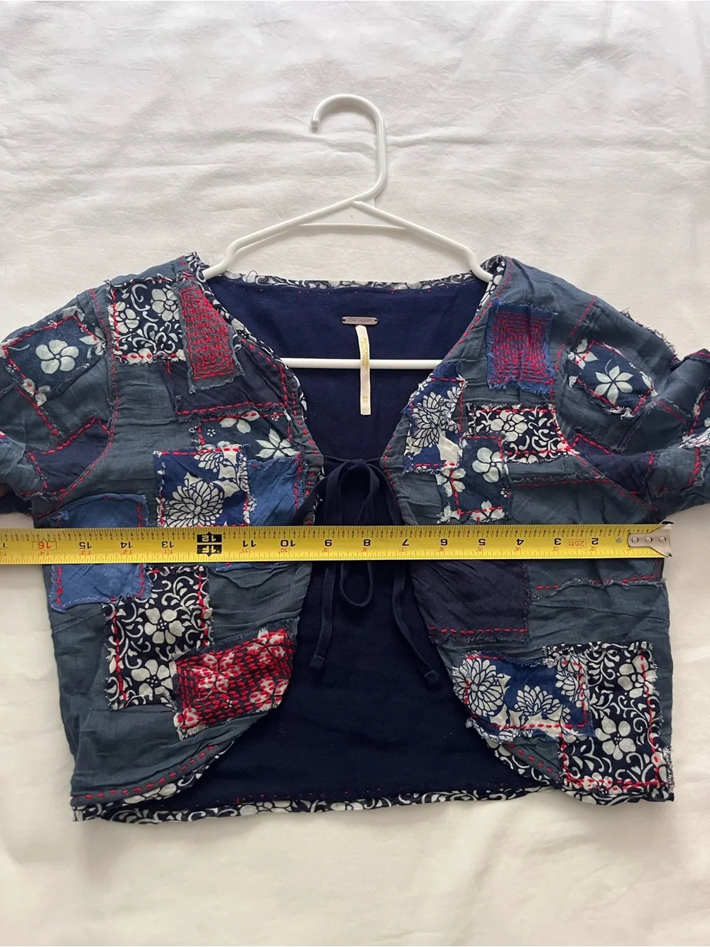 Free People Bolero Patchwork Cropped Shrug  Boho Tie Front Blue XS